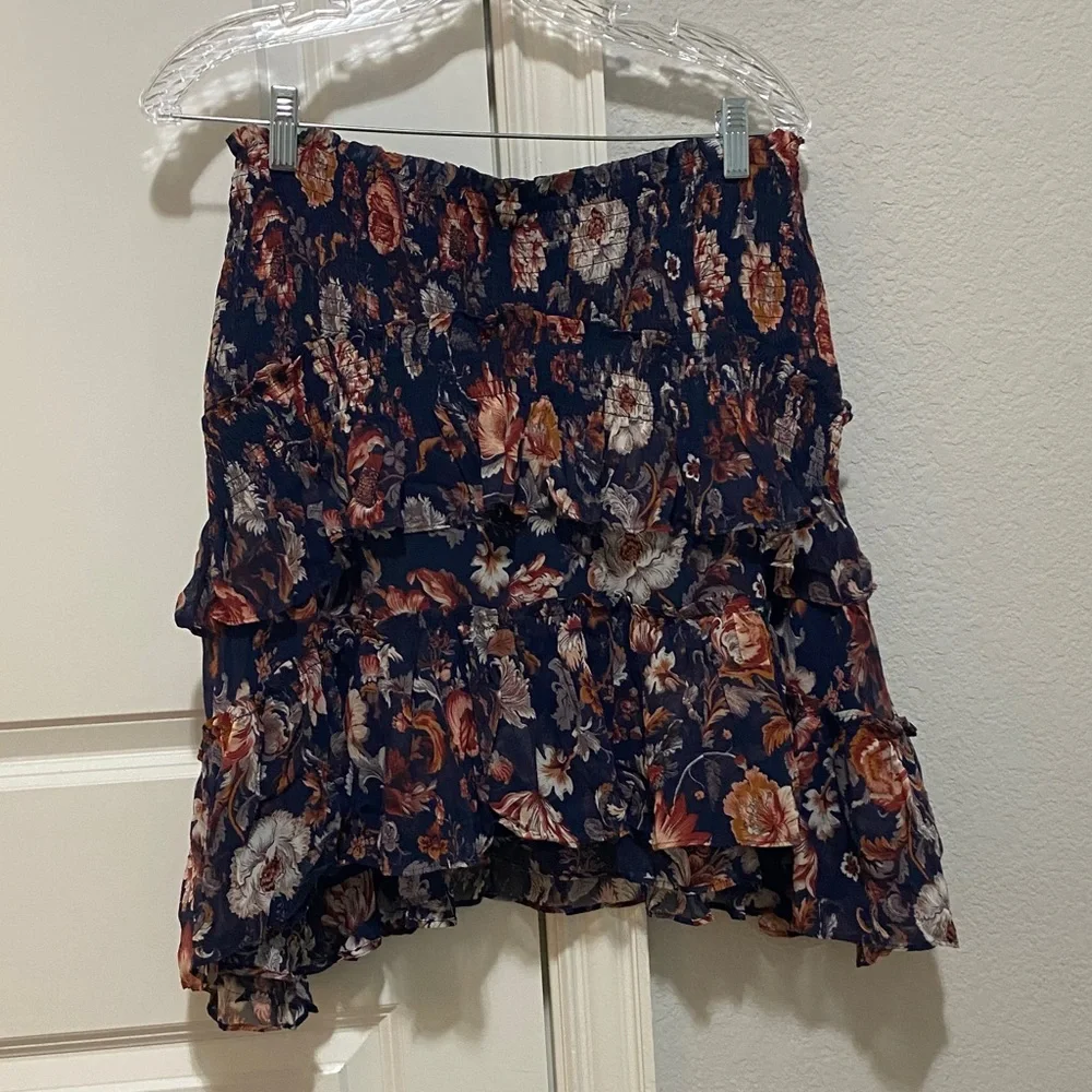 Anthropologie Floral Ruffle Skirt - Navy and‎ Brown and Red